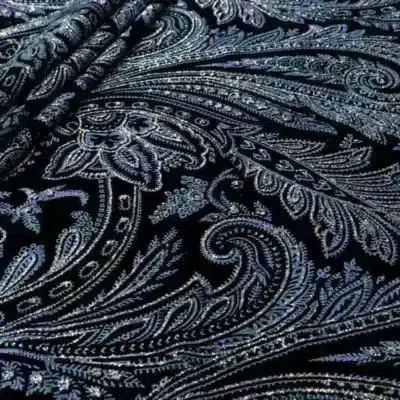 Glitter slinky spandex printed in baby blue and black — wholesale fabric