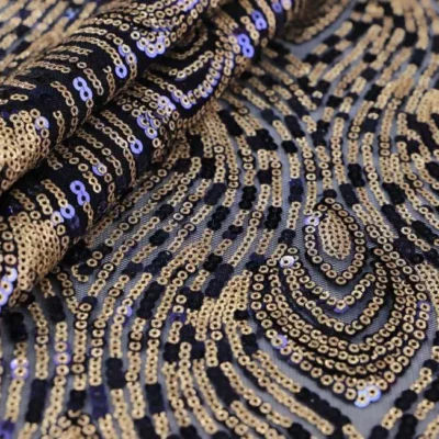 Navy and gold glitter sequins polyester mesh — wholesale stretch fabric