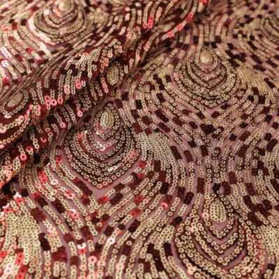 Burgundy and gold glitter sequins polyester mesh — wholesale stretch fabric