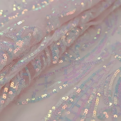 Designer sequins 3mm spandex mesh in pale pink and white iridescent — wholesale fabric