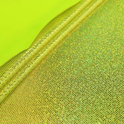 Digital holo foil dot spandex in chartreuse and gold — wholesale fabric