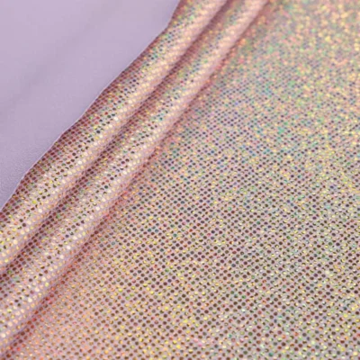 Digital holo foil dot spandex in lilac and gold — wholesale fabric