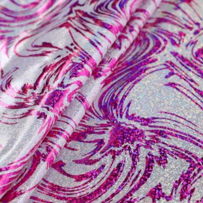 Flower patterned holo foil spandex in opalite fuchsia and silver — wholesale fabric