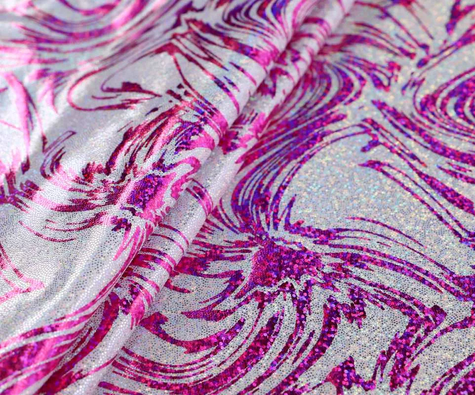 IMG_8433.JP4 Flower patterned holo foil spandex in opalite fuchsia and silver — wholesale fabric