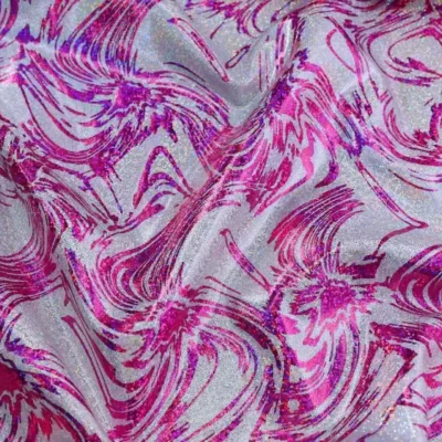 Flower Patterned Holo Foil Spandex Opalite Fuchsia / Silver / White #83 — spandex fabric by the yard | Stretch House