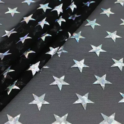 Stars holographic foil spandex mesh in black and silver — wholesale fabric