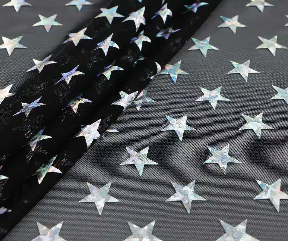 IMG_9008 Stars holographic foil spandex mesh in black and silver — wholesale fabric