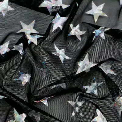 Stars Holographic Foil Spandex Mesh Black / Silver #102 — spandex fabric by the yard | Stretch House