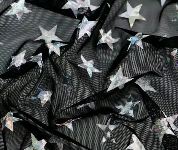 Stars Holographic Foil Spandex Mesh Black / Silver #102 — spandex fabric by the yard | Stretch House