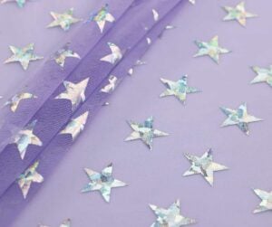 Stars holographic foil spandex mesh in lilac and silver — wholesale fabric