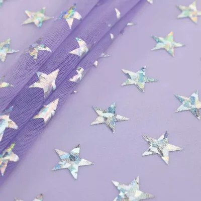 Stars holographic foil spandex mesh in lilac and silver — wholesale fabric