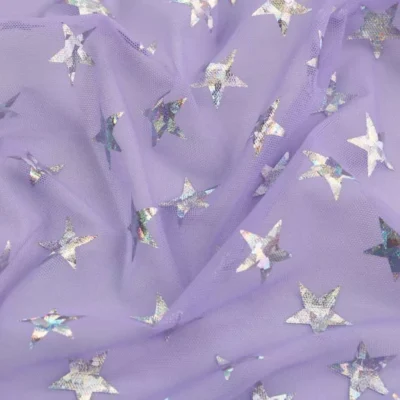 Stars Holographic Foil Spandex Mesh Lilac / Silver #103 — spandex fabric by the yard | Stretch House