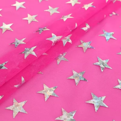 Stars holographic foil spandex mesh in hot pink and silver — wholesale fabric