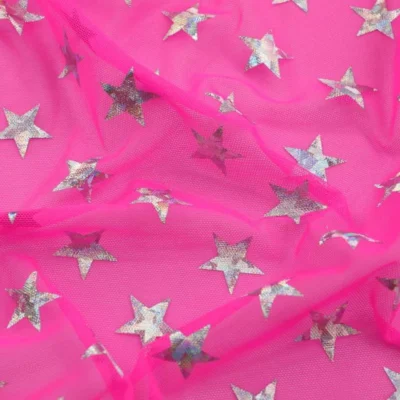 Stars Holographic Foil Spandex Mesh Hot Pink / Silver #104 — spandex fabric by the yard | Stretch House