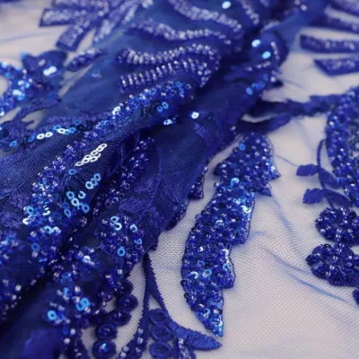 Beaded lace embroidery tulle sequin in royal blue — wholesale fabric