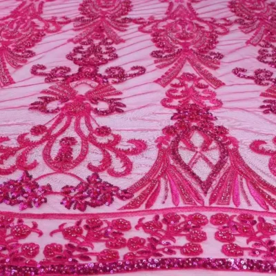 Beaded Lace Embroidery Tulle Sequin Fuchsia #24 — spandex fabric by the yard | Stretch House