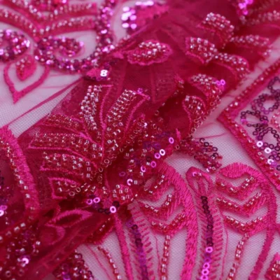 Beaded lace embroidery tulle sequin in fuchsia — wholesale fabric