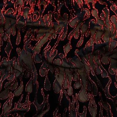 Flame Flocking Mesh Glitter Red / Black / Black #2 — spandex fabric by the yard | Stretch House
