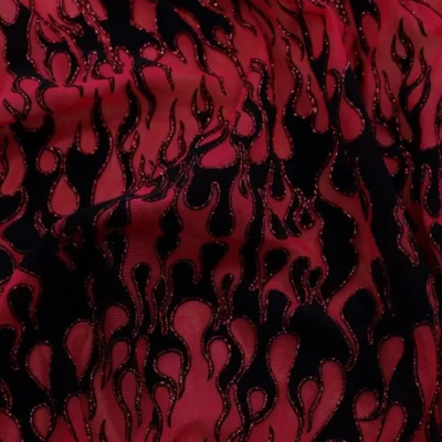 Flame Flocking Mesh Glitter Red / Black / Red #3 — spandex fabric by the yard | Stretch House