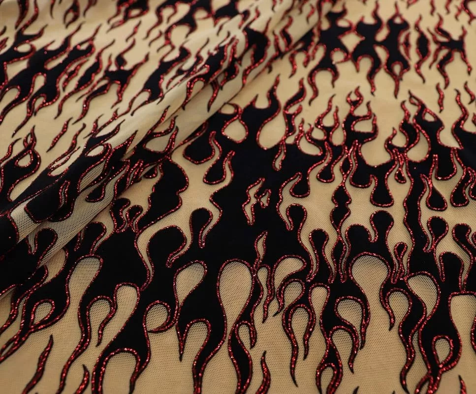 IMG_9612 Flame flocking mesh glitter spandex in red, black, and nude — wholesale fabric