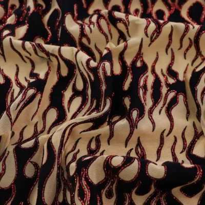 Flame Flocking Mesh Glitter Red / Black / Nude #1 — spandex fabric by the yard | Stretch House