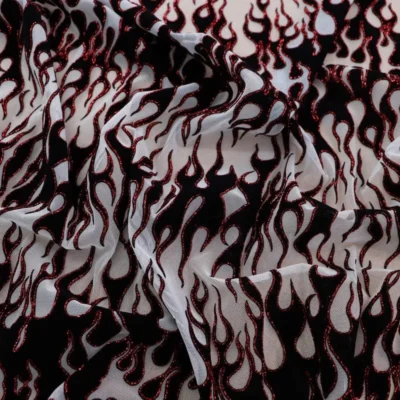 Flame Flocking Mesh Glitter Red / Black / White #4 — spandex fabric by the yard | Stretch House