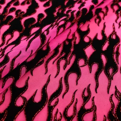 Flame flocking mesh glitter spandex in red, black, and hot pink — wholesale fabric