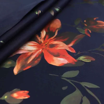 Scuba fabric spandex Fiona floral foil print in mint and navy — wholesale fabric
