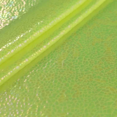 Shattered glass oil slick foil spandex in chartreuse — wholesale fabric