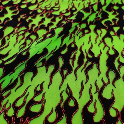 Flame flocking mesh glitter spandex in red, black, and neon green — wholesale fabric
