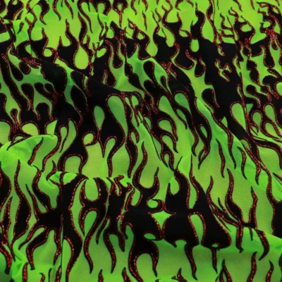 Flame Flocking Mesh Glitter Red / Black / Neon Green #6 — spandex fabric by the yard | Stretch House