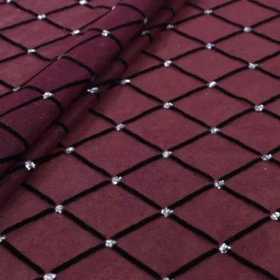 Diamonds mesh spandex flock glitter in burgundy, black, and silver — wholesale fabric