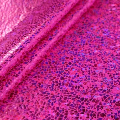 Shattered glass oil slick foil spandex in fuchsia neon pink — wholesale fabric