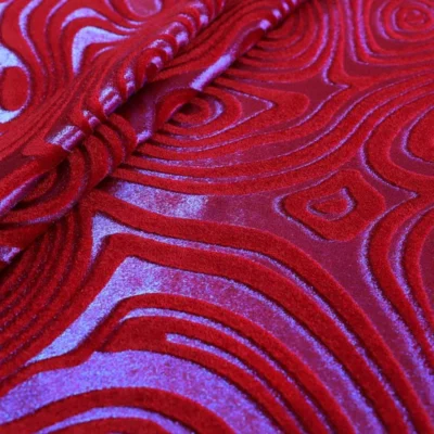 Intricate folds velvet stretch foil in red and royal blue — wholesale fabric