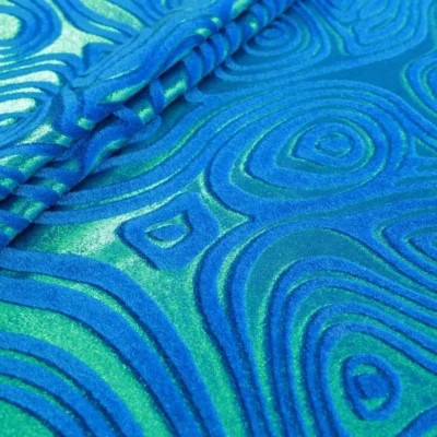 Intricate folds velvet stretch foil in turquoise and green — wholesale fabric
