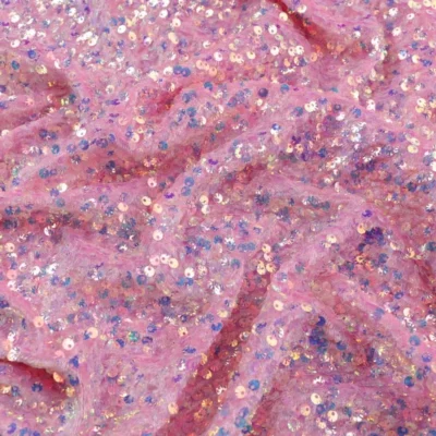 Shells Sequin Velvet Stretch Pink / Iridescent #3 — spandex fabric by the yard | Stretch House