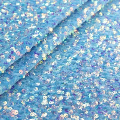 Shells sequin velvet stretch in blue iridescent — wholesale stretch fabric