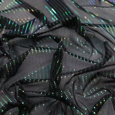 Waterfall Mesh Spandex Sequins Iridescent / Black #1 — spandex fabric by the yard | Stretch House