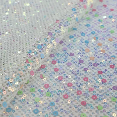 Vogue sequin stretch mesh iridescent white — wholesale stretch fabric