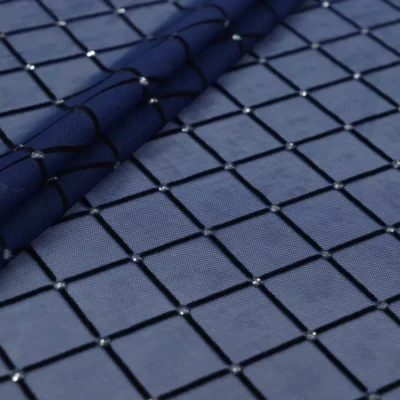 Diamonds mesh spandex flock glitter in silver, navy, and black — wholesale fabric