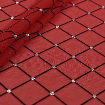 Diamonds mesh spandex flock glitter in silver, red, and black — wholesale fabric
