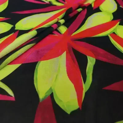 Floral Petals Printed Mesh Spandex Black Red Yellow Fuchsia — Wholesale Printed Mesh Fabric | Stretch House