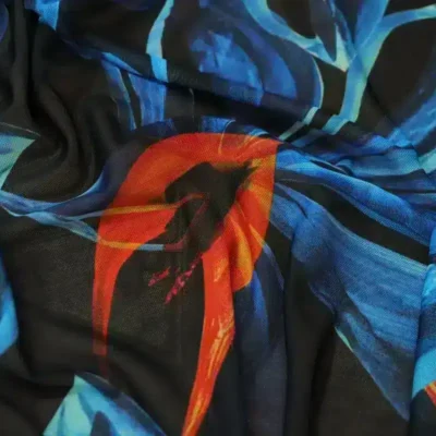 Printed Mesh Spandex Painterly Floral Black / Blue / Poppy #6 — spandex fabric by the yard | Stretch House
