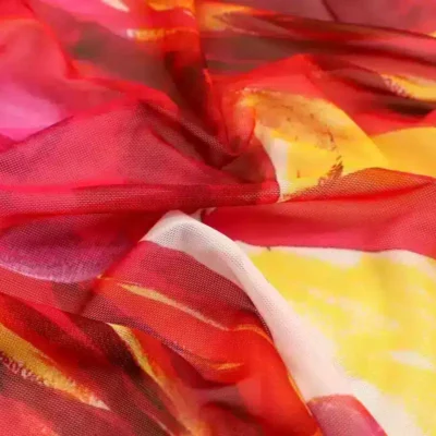 Printed Mesh Spandex Bold Floral Petals Red / Yellow  / Fuchsia / White #9 — spandex fabric by the yard | Stretch House