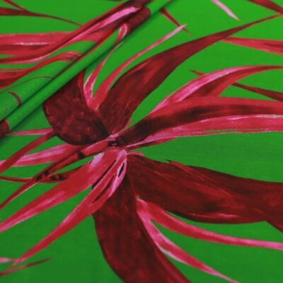 Printed Mesh Spandex Tropical Floral Kelly Green Raspberry — Wholesale Printed Mesh Fabric | Stretch House