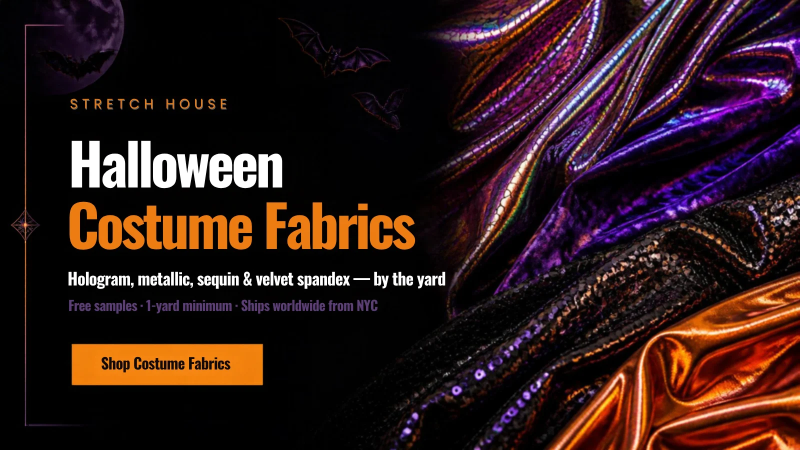 Halloween costume fabrics: hologram, metallic, sequin and velvet spandex by the yard at Stretch House